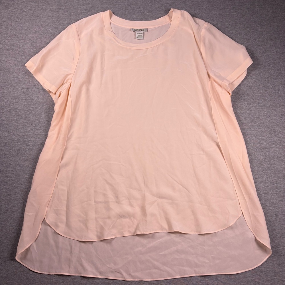 Orvis Top XL Pink Silk Short Sleeve Hi-Low Hem Crepe Blouse
